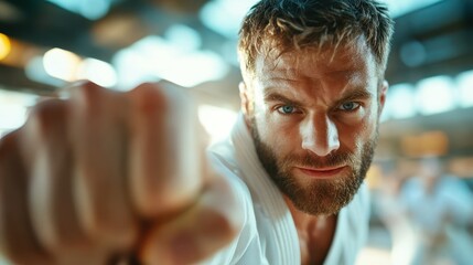 A confident martial artist highlights his impressive skills with a strong punch during training, capturing the essence of perseverance and the journey of personal development.