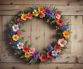 Fototapeta premium Watercolor and gouache floral wreath on a distressed wooden background, floral wreath, abstract flowers, textured art