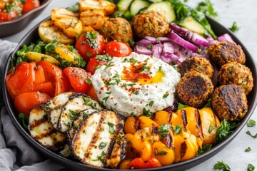A vibrant platter featuring tzatziki in the center surrounded by grilled vegetables and falafel