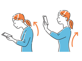 良い姿勢と悪い姿勢でスマホの画面を見る若い女性のイラストセット