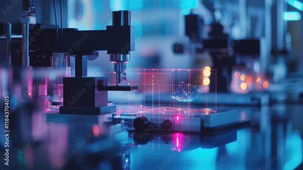 Poster quantum research lab with high-tech equipment and glowing quantum circuits being analyzed on transpa