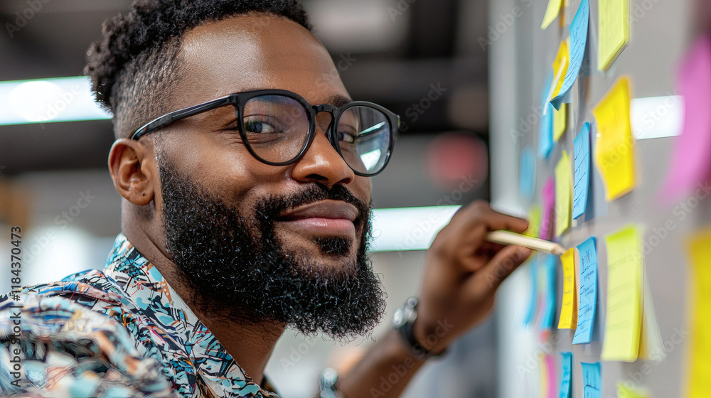 Poster A focused individual organizing tasks with sticky notes on a wall Stock Photo with side copy space.