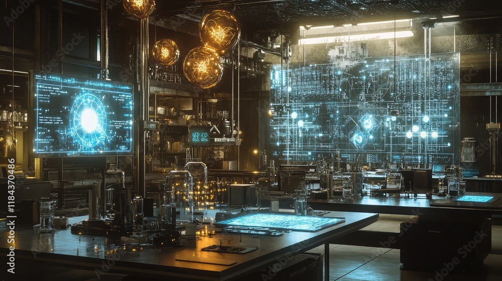 Poster quantum research lab with high-tech equipment and glowing quantum circuits being analyzed on transpa