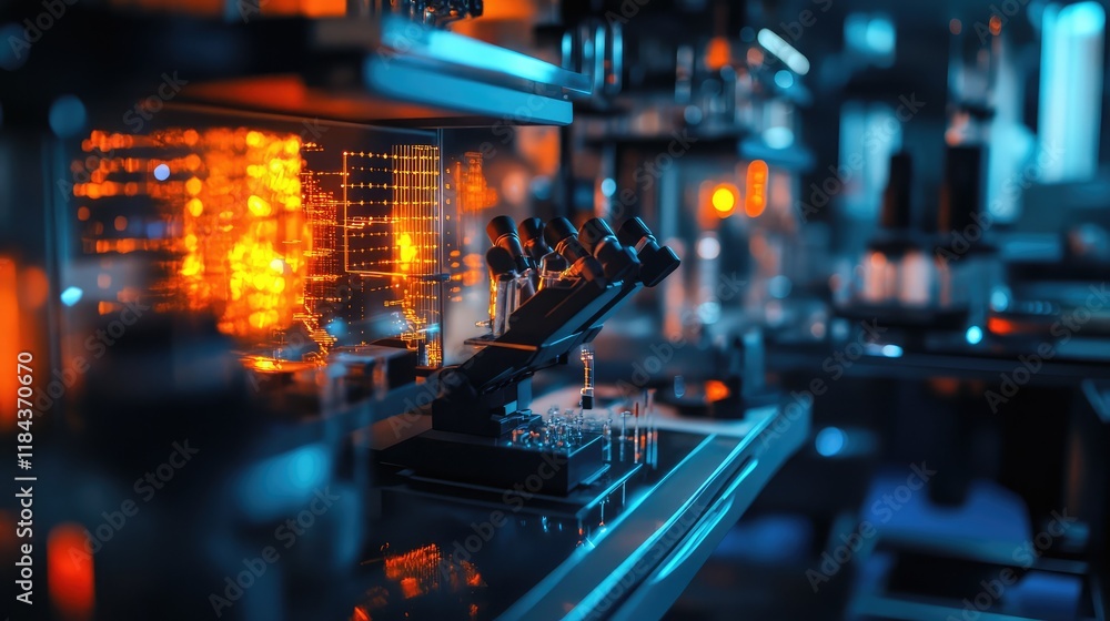 Poster quantum research lab with high-tech equipment and glowing quantum circuits being analyzed on transpa