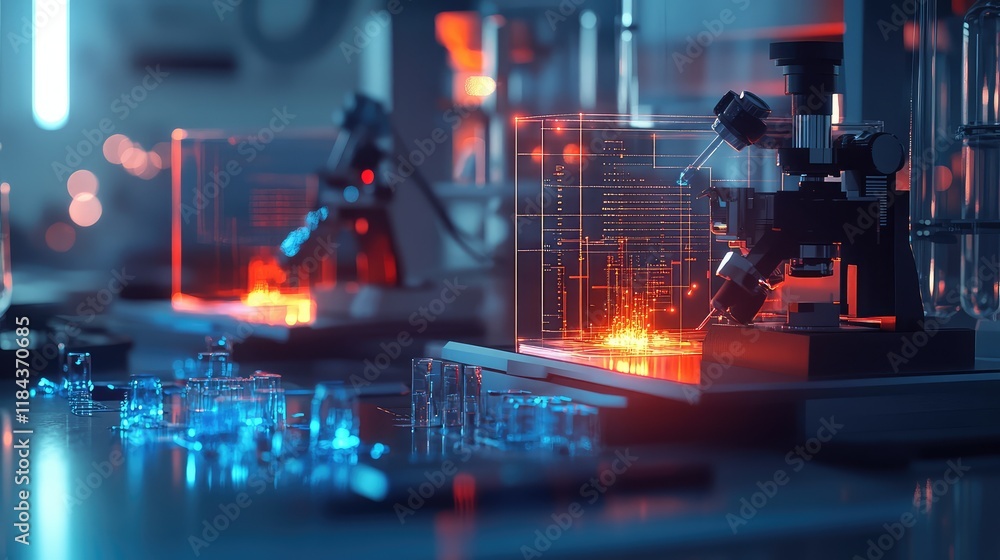 Poster quantum research lab with high-tech equipment and glowing quantum circuits being analyzed on transpa