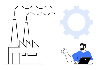 Industrial facility with smokestacks, single worker using a laptop, large gear icon symbolizing automation. Ideal for industry, technology, workforce, productivity, innovation, manufacturing