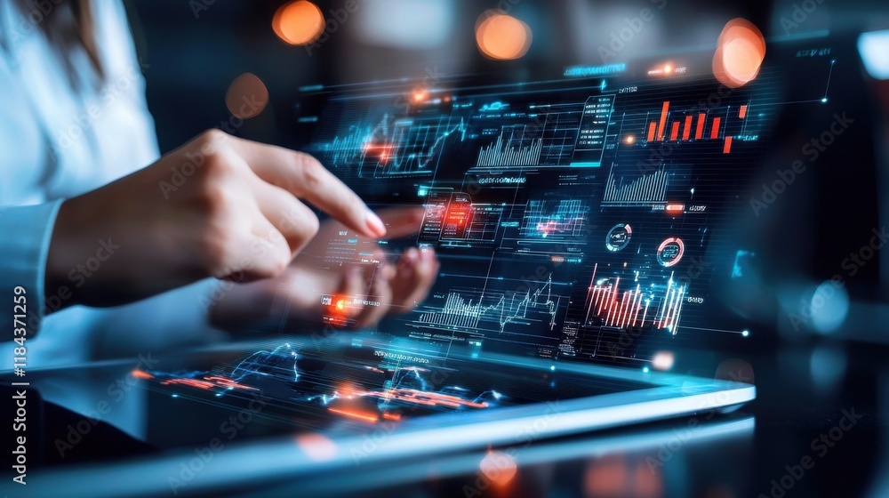 Poster digital futuristic data analytics dashboard with interactive financial infographics and charts on to