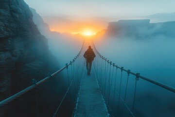 Obraz premium A hiker stepping onto a narrow suspension bridge high above a misty canyon, their silhouette framed by a dramatic sunrise,copy space background