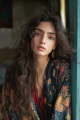 Fototapeta premium A young woman with curly hair gazes thoughtfully, draped in a floral robe, revealing deep emotions.