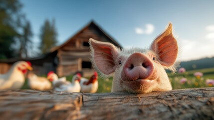 A charming pig grinning happily amidst a flock of chickens on a sunny farm, embodying the joyful spirit of rural life and the harmony of farm animals.