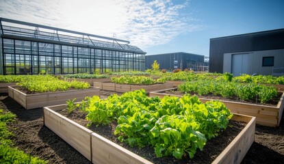 Industrial greenhouse with raised beds for growing vegetables under blue sky, sunlight shining on neatly arranged wooden boxes with seedlings.