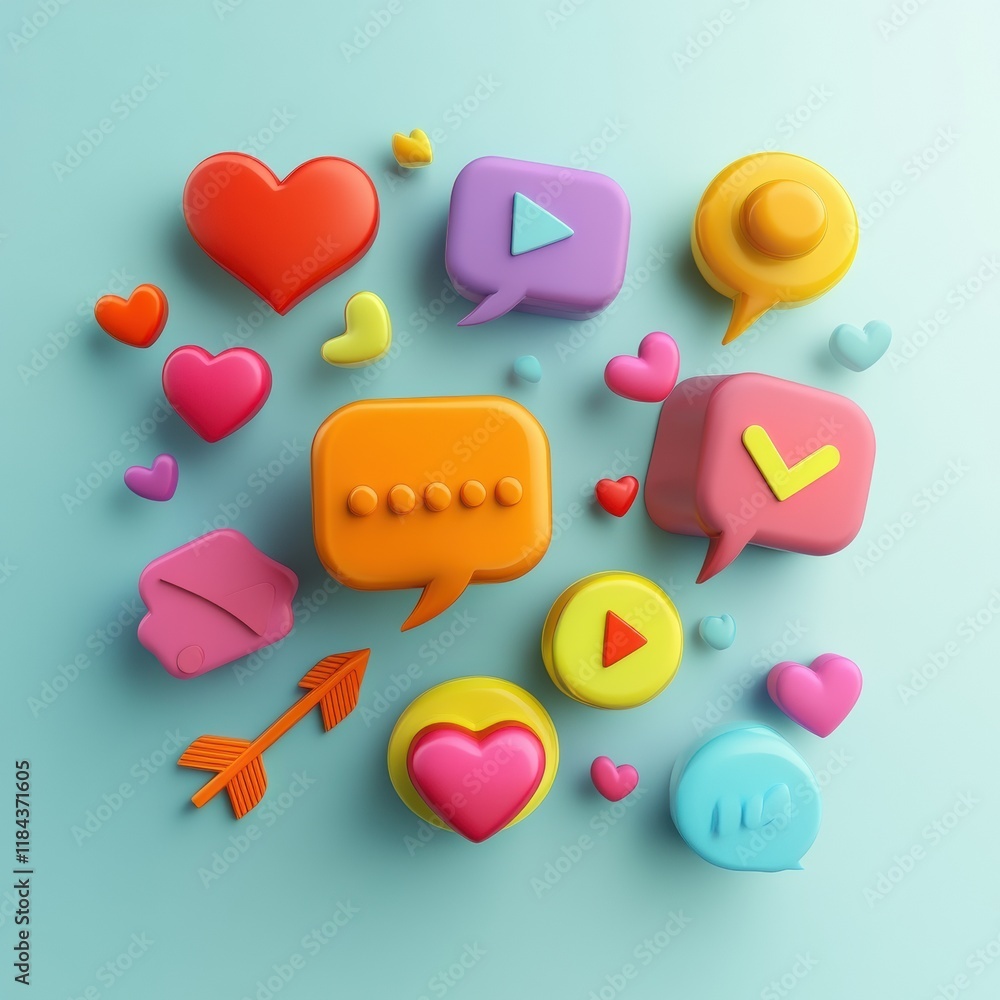 Fototapete Colorful floating 3D chat bubbles hearts and arrows creating a lively digital communication theme. Generative AI