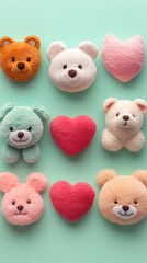 A vibrant arrangement of cute, fluffy bear and heart-shaped plush toys on a mint green background, exuding a playful and cheerful vibe.