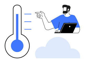 Man with laptop pointing to large thermometer indicating temperature, alongside a cloud. Ideal for climate analysis, weather forecasting, digital innovation, environmental science, data analysis