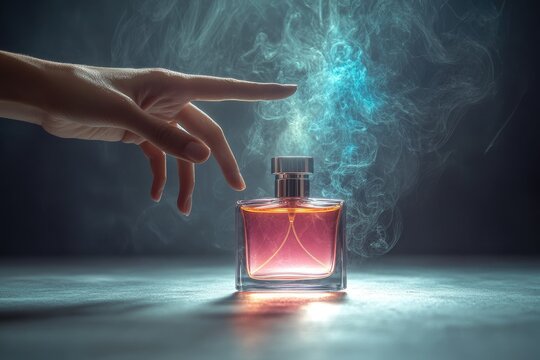 A human hand reaching toward a bottle of perfume, with delicate, colorful vapor swirls symbolizing pheromones wafting into the air,copy space background