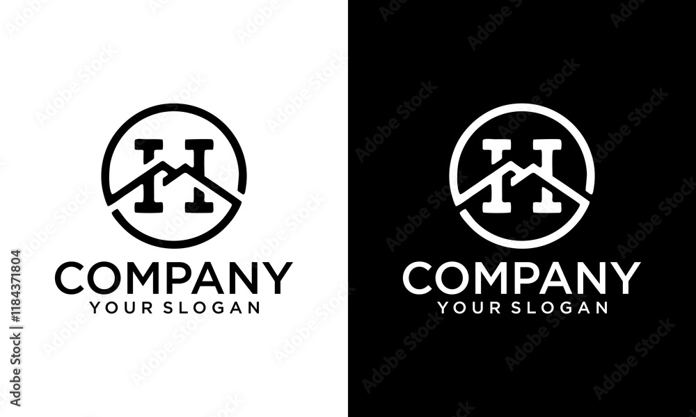 Poster creative monogram h logo design with a circle shape and form the top of the mountain in the middle. 