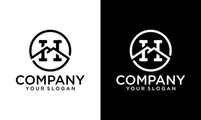 Creative Monogram H logo design with a circle shape and form the top of the mountain in the middle. on a black and white background.