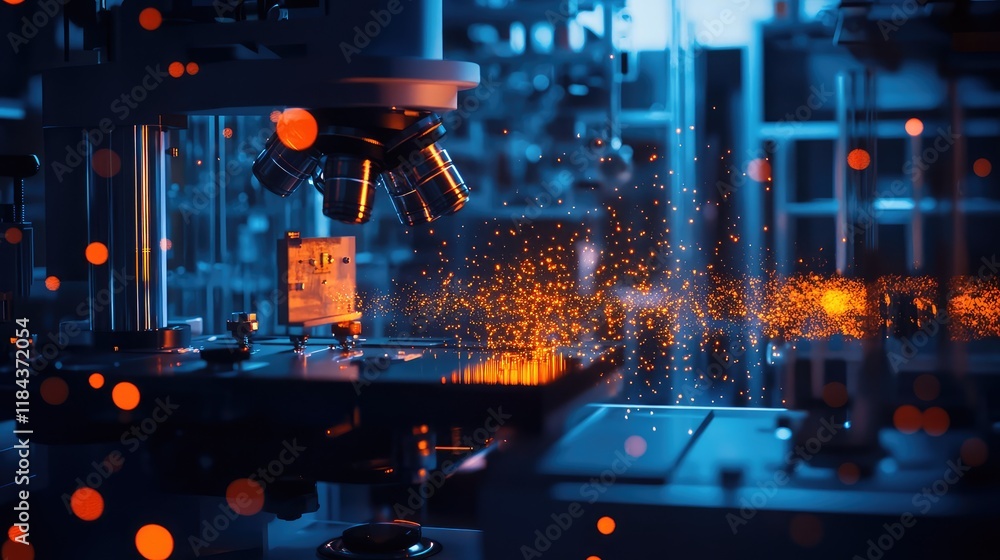 Poster quantum research study on particle behavior, with illuminated particles moving through a dark lab sp