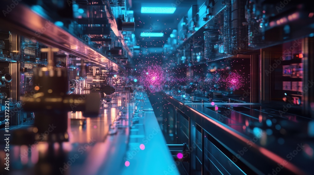 Poster quantum research study on particle behavior, with illuminated particles moving through a dark lab sp