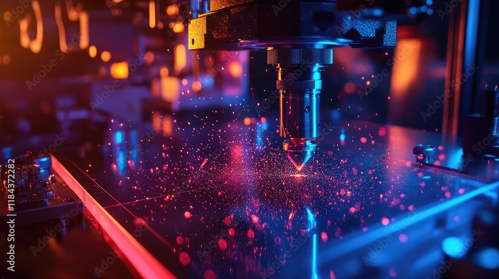 Poster quantum research study on particle behavior, with illuminated particles moving through a dark lab sp