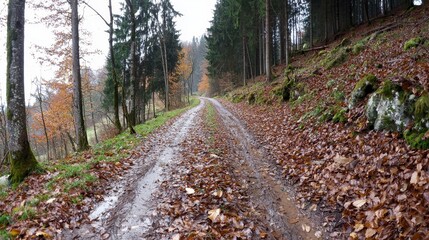 Obraz premium Scenic Autumn Trail Through Forest with Muddy Path and Fallen Leaves in Nature Under Cloudy Sky