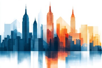 Naklejka premium A minimalist line drawing of an urban skyline at sunset, with clean geometric shapes representing skyscrapers in orange and blue tones on a white background