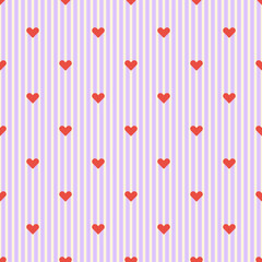 Lovely seamless pattern with cute little orange hearts on a striped background. Stylish aesthetic pattern in pastel shades for textiles, wrapping paper, packaging, etc.  