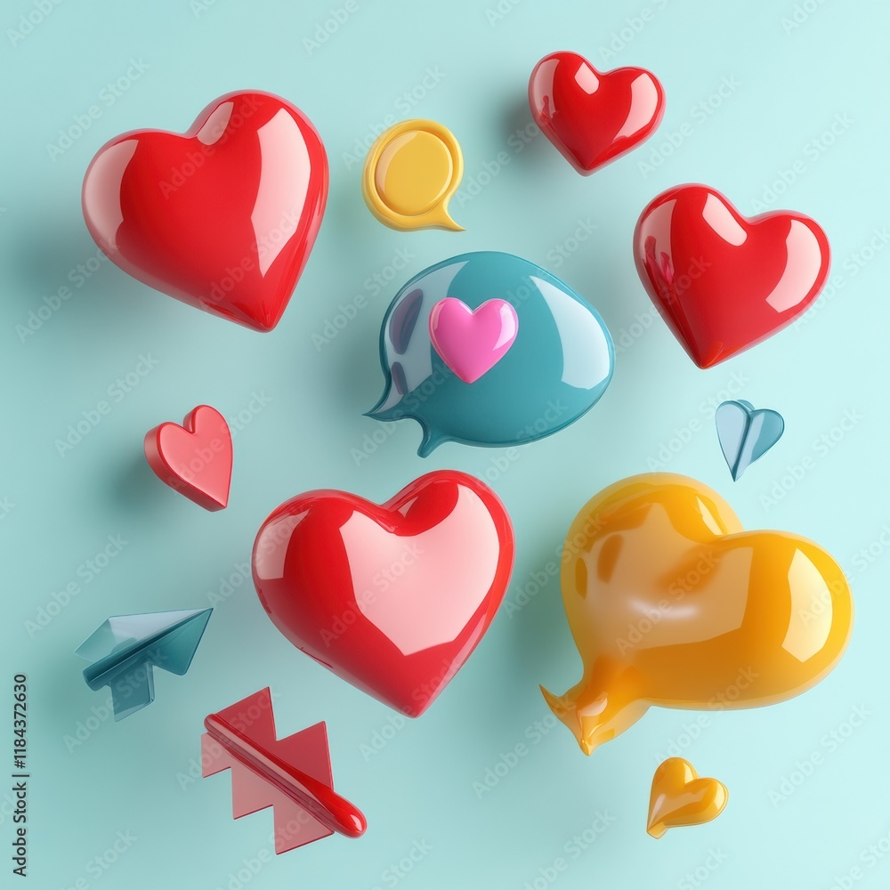 Poster floating 3d chat bubbles hearts and arrows create a vibrant and playful digital conversation backgro