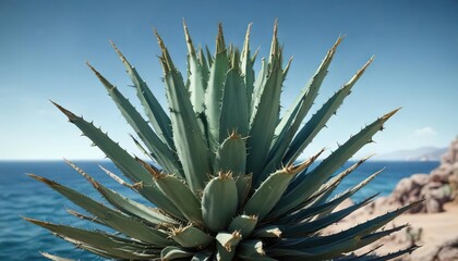 Fototapeta premium Agave cactus with sharp spines against the blue ocean, prickly agave, rugged coastline, rocky outcrops