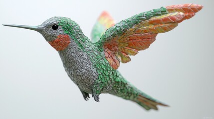 Obraz premium Colorful hummingbird sculpture displayed in a bright gallery room highlighting intricate craftsmanship and artistic detail