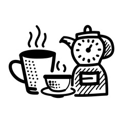 A hand drawn icon of tea set with a clock depicting break time