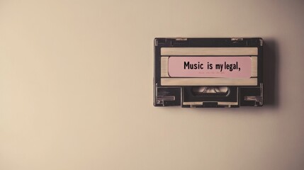 Cinematic Photo of "Music is my last legal" on Audio Cassette, Beige Background, Minimalist Vintage Design, Soft Pastel Colors, High Resolution, Grainy Texture, White Space