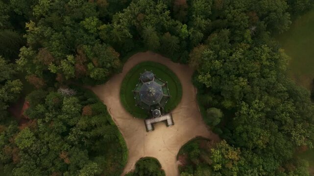 Aerial view of the historic schwarzenberg tomb surrounded by lush green forest and scenic pathways, Trebon, Czech Republic.