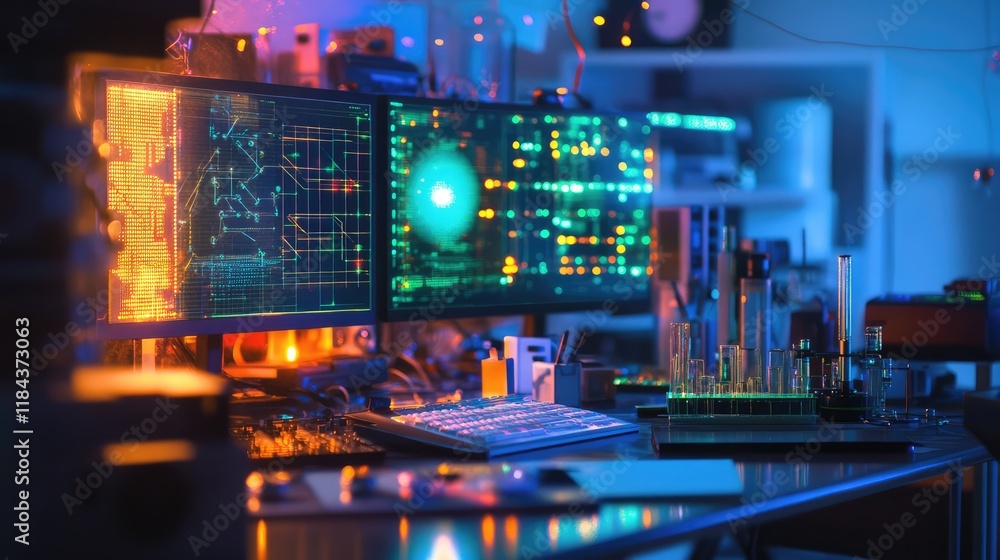 Poster quantum researcher workspace with glowing quantum data projections and advanced research tools