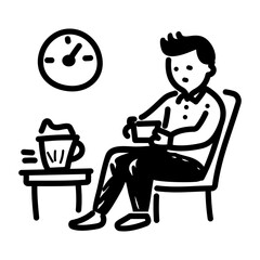 A man sitting on a chair waiting and holding a cup of tea, hand drawn icon