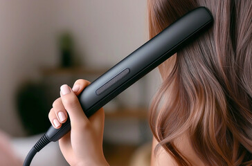 Caucasian female using hair straightener for smoothing long hair at home