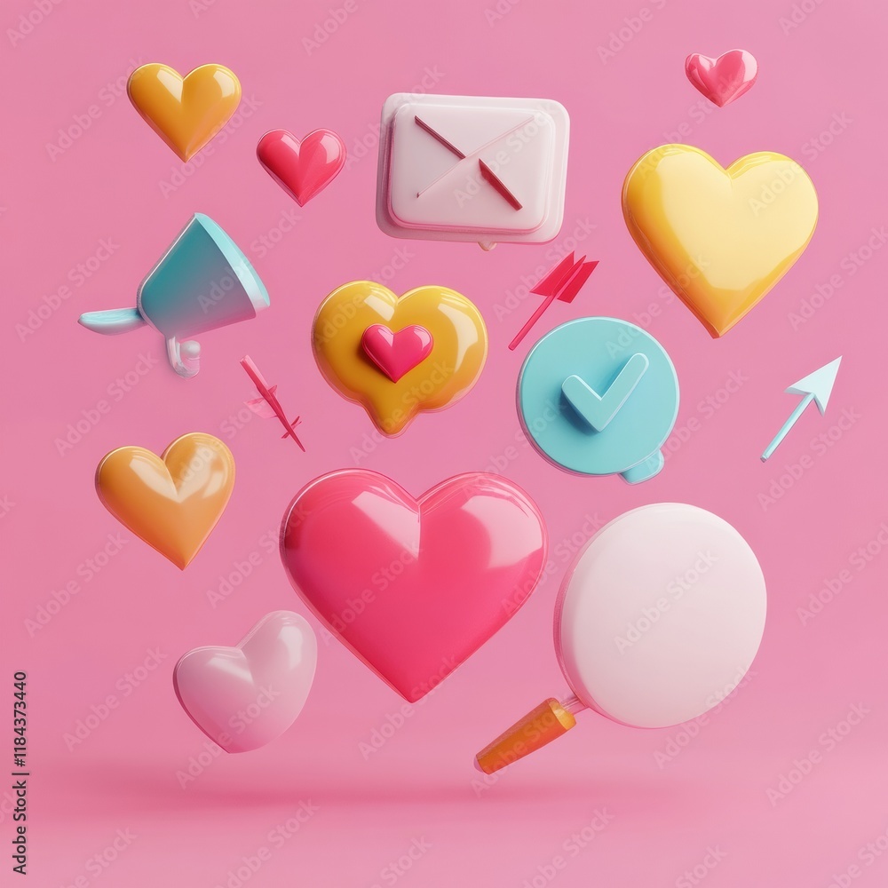 Leinwandbilder Floating 3D chat bubbles, hearts, and arrows create a playful digital atmosphere in a vibrant pink space. Generative AI