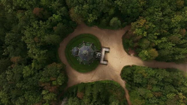 Aerial view of the beautiful Schwarzenberg tomb surrounded by tranquil forest and scenic pathways, Trebon, Czech Republic.