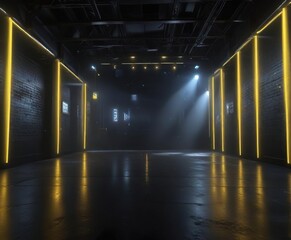 Dark nightclub with flashing blue and yellow lights, smoky ambiance, stage lights
