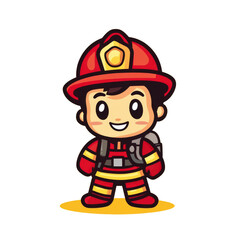 Cartoon illustration of a cheerful young firefighter character wearing a bright red helmet and colorful fire-resistant uniform with gloves and a backpack, ready for adventure
