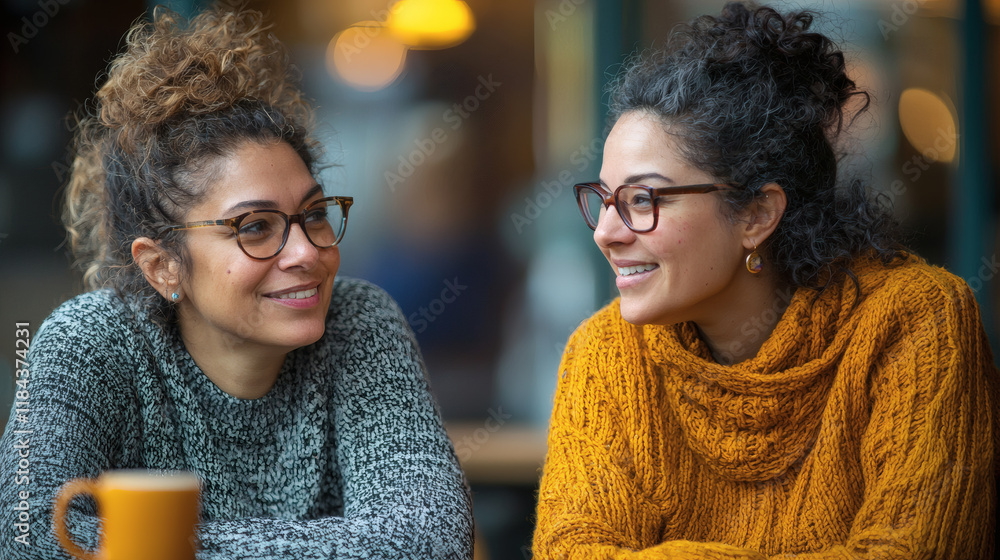 Poster two colleagues sharing time management strategies over coffee in a meeting stock photo with side cop