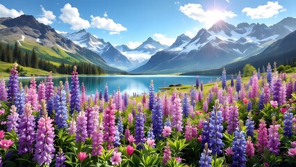 Majestic mountain lake with lupins blooming