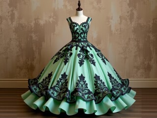Obraz premium Elegant Mint Green Ball Gown with Black Lace Appliques Formal Dress Fashion