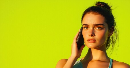 Fototapeta premium Young woman talking on smartphone against vibrant green background