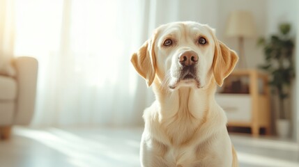 An elegant golden retriever relaxes in a sunlit living room, exuding a serene presence that captures the warmth and companionship often cherished in pet ownership.