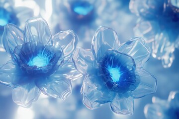 Unique blue flowers created from transparent materials glowing softly in a serene setting