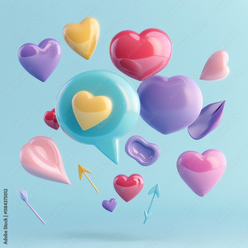 Poster floating 3d chat bubbles with colorful hearts and arrows create a whimsical digital atmosphere for o