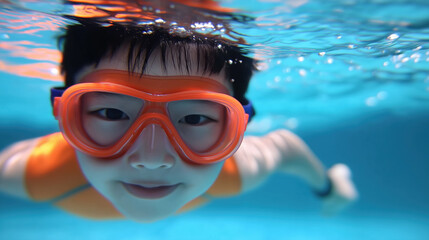 Young Asian boy swimming underwater with goggles in a pool sunny day