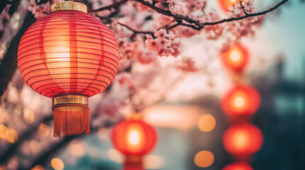 Obraz premium Red lantern with cherry blossoms and glowing bokeh lights