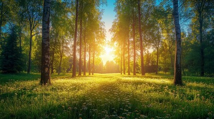 Obraz premium Serene Sunrise in Lush Forest with Sunlight through Green Trees